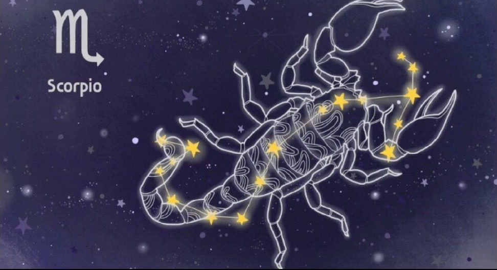 A blue background shows the constellation of Scorpio, the scorpion, with the symbol for the Scorpio zodiac sign.